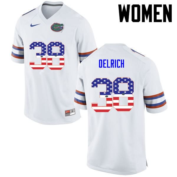 NCAA Florida Gators Nick Oelrich Women's #38 USA Flag Fashion Nike White Stitched Authentic College Football Jersey DHI4464CZ